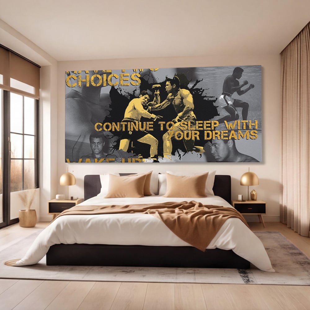 Tablou canvas cu tablou canvas motivational cu muhammad ali, fara rama, pe sasiu de lemn, pe perete intr-un dormitor